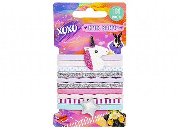 XOXO HAIR BANDS WITH UNICORN 
& STAR DESIGN 10 PACK