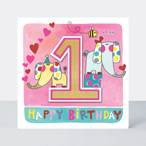 Age 1 Girl Birthday Card Elephant