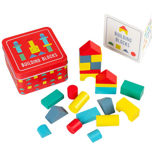 Wooden building blocks in a tin