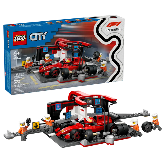 Lego City 60443 F1 Pit Stop And Pit Crew With Ferrari Car Age 6+