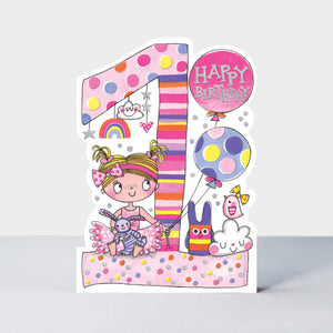 Age 1 Birthday Card Girl & Toys