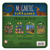 MAGNETIC FUN & GAMES - DINOSAUR Age 3+ 4 in 1 Games Snakes & Ladders Noughts & Crosses Word Search Magnetic Game