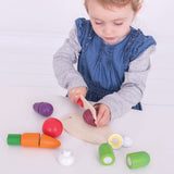 Bigjigs Toys Crate of Wooden Cutting Veg with Chopping Board and Knife - Play Food Toys18 Months