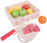 Bigjigs Toys Crate of Wooden Cutting Fruit with Chopping Board and Knife - Play Food Toys18 Months