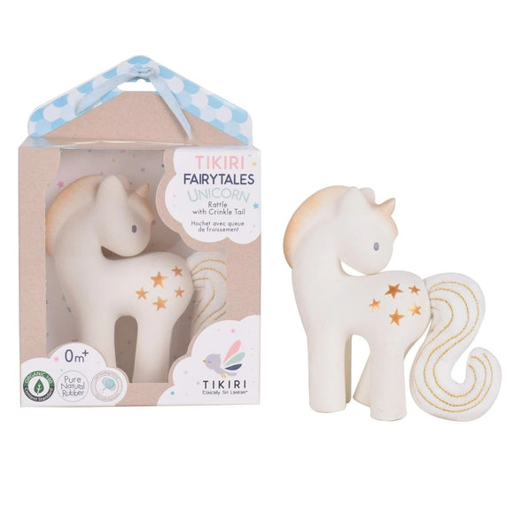 Tikiri Fairytale Collection – Shining Stars Unicorn – Natural Rubber with Crinkle Tail and Rattke