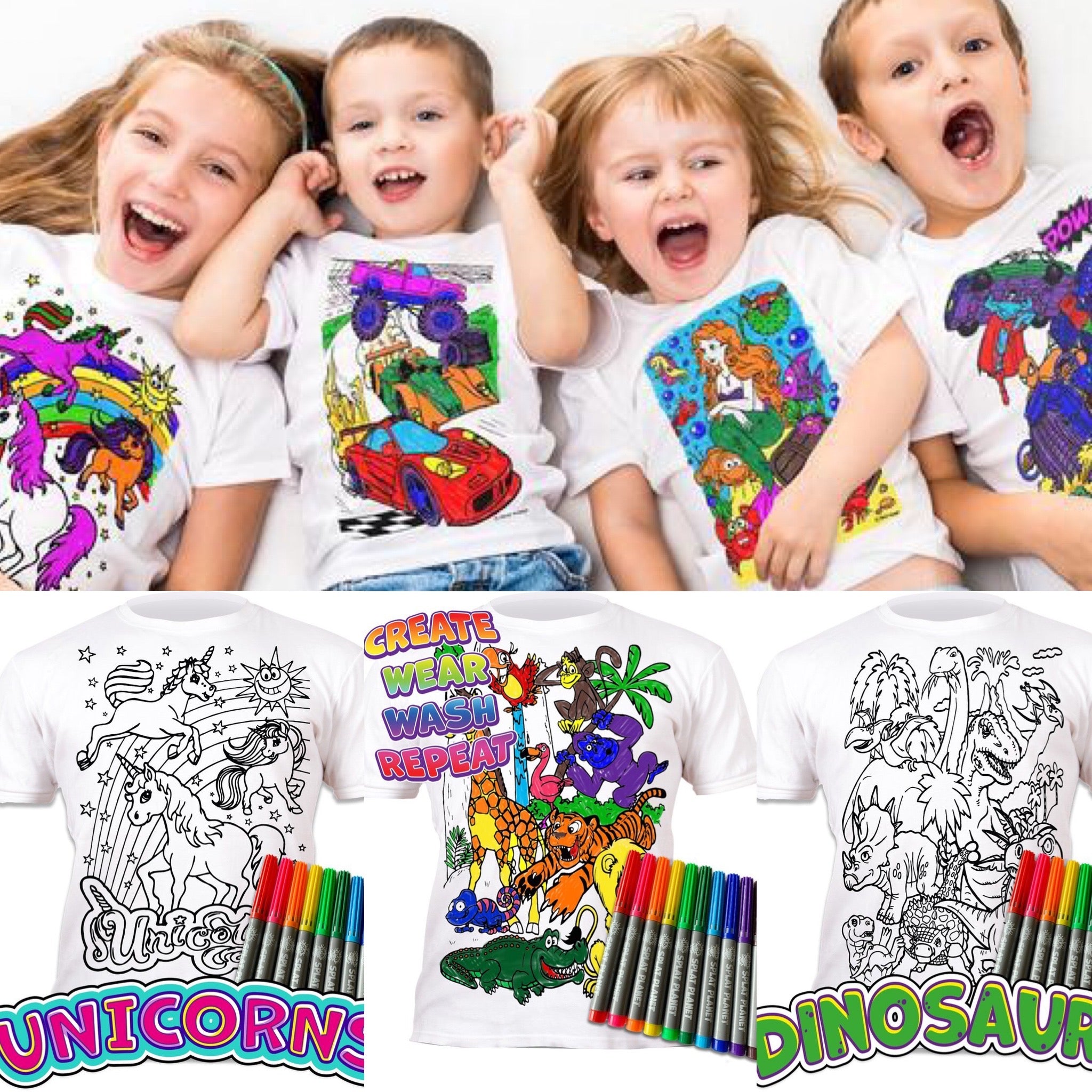 Splat Planet T-Shirt Garçon - T-Shirt Blanc Réutilisable à Colorier Avec 10 Stylos Magiques Lavables