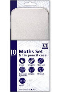 10 Piece Maths Geometry Set & Tin Pencil Case Back to School Children's Kids
